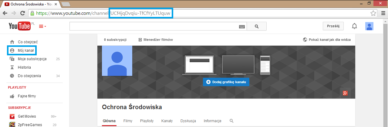 Nazwę kanału na YouTube możesz uzyskać logując się na konto na YouTube i wybierając z lewego menu opcję Mój kanał. W pasku adresu przeglądarki po słowie channel/ widoczna jest nazwa kanału na YouTube.