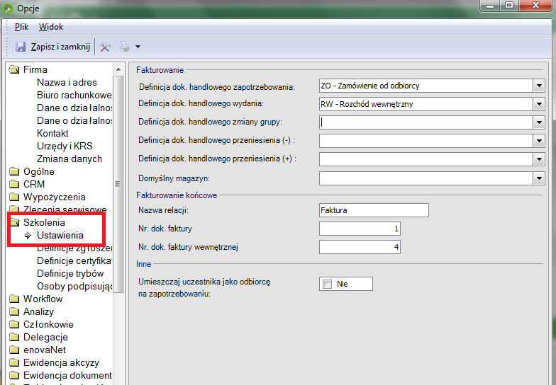 Konfiguracja modułu Definicja dokumentu ZNS Konfigurację modułu należy wykonać w: Narzędzia -> Opcje-> Szkolenia-> Ustawienia.