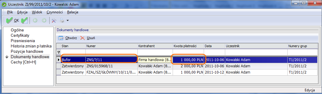 Kliknięcie przycisku OK spowoduje, że na liście dokumentów handlowych pojawia się nowy dokument ZNS na kwotę, którą zobowiązał się zapłacić nowy płatnik.