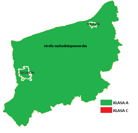 Rys. 5.16. Klasyfikacja stref województwa pomorskiego za 2013 rok z uwzględnieniem parametrów kryterialnych określonych dla PM10 pod kątem ochrony zdrowia (źródło: Dramps i Zarembski 2014) Rys. 5.17.