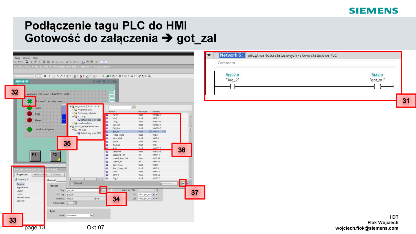 W przykładzie dokonamy podłączenia Taga PLC o nazwie got_zal (31) sygnalizacja gotowości do załączenia. Klikamy w indykator sygnalizacyjny Gotowość do załączenia (32).