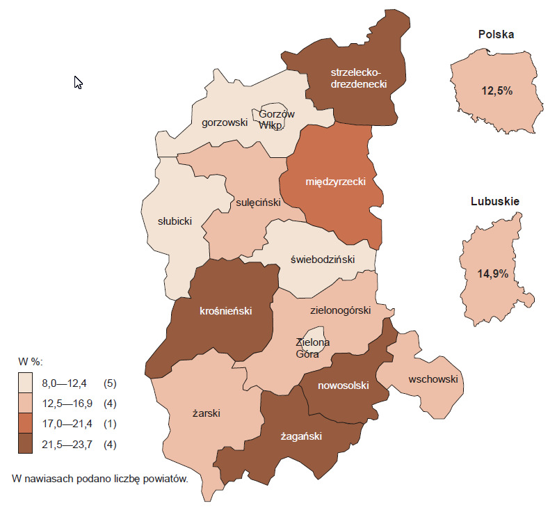 Nowa industrializacja województwa lubuskiego 97 Rys. 1. Stopa bezrobocia rejestrowanego według powiatów w 2012 r.