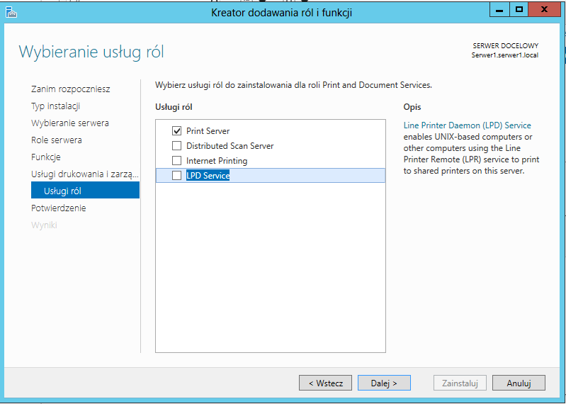 W oknie Wybieranie usług ról możemy wybrać dodatkowe opcje jak: - Print