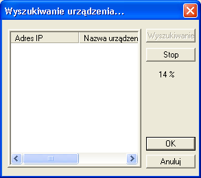 4 Ustawienia sterownika Kliknąć przycisk [Szukaj] aby wyświetlić adresy IP urządzeń podłączonych do sieci. Wybrać właściwy adres IP i kliknąć przycisk [OK].