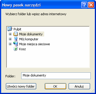 Rysunek 3.4. W Windows XP moŝemy łatwo dodać folder do paska zadań 4. Wybrać folder, który chcemy dodać do paska zadań (w tym przypadku jest to folder Moje dokumenty).