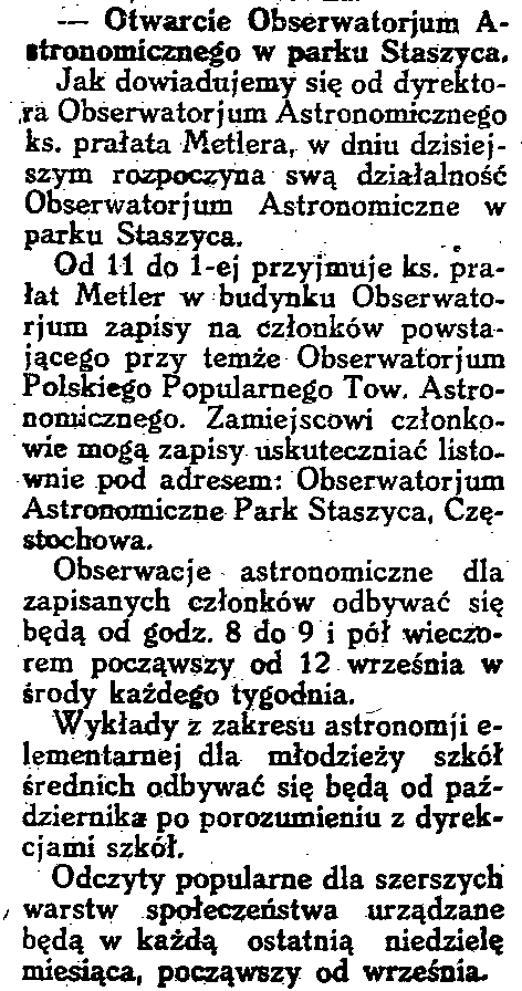T-wa Oddziału Częstochowskiego w roku 1931. Następne sprawozdanie, roku 1934, można znaleźć w GC z dnia 6 listopada 1935 w artykule Z Tow. Przyjaciół Astronomji w Częstochowie.