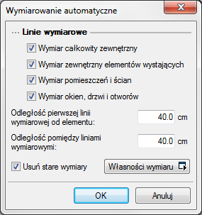 Narzędzia projektu W oknie Wymiarowanie automatyczne można wybrać elementy wymiarowane. Jeśli nic nie zostanie odznaczone to rysunek kondygnacji będzie zwymiarowany na czterech liniach wymiarowych.