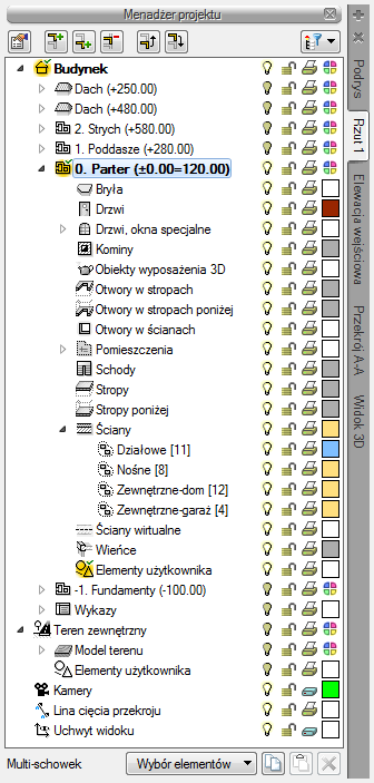 Podstawy działania programu 4.1 MENADŻER PROJEKTU Menadżer projektu pozwala na zarządzanie wszystkimi elementami programu ArCADia- ARCHITEKTURA: budynkami, kondygnacjami, ścianami, stolarką itd.