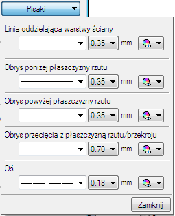 Podstawy działania programu 4.7 PISAKI Dla każdego elementu programu ArCADia istnieje możliwość przypisania koloru, rodzaju i grubości linii, czyli rodzaju pisaka.