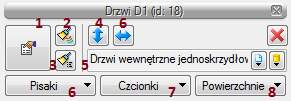 Stolarka okienna i drzwiowa 7.2.2 Edycja drzwi Po zaznaczeniu drzwi można je przesuwać, kopiować, usuwać, zmieniać właściwości, kierunek otwierania i kierunek opisów.