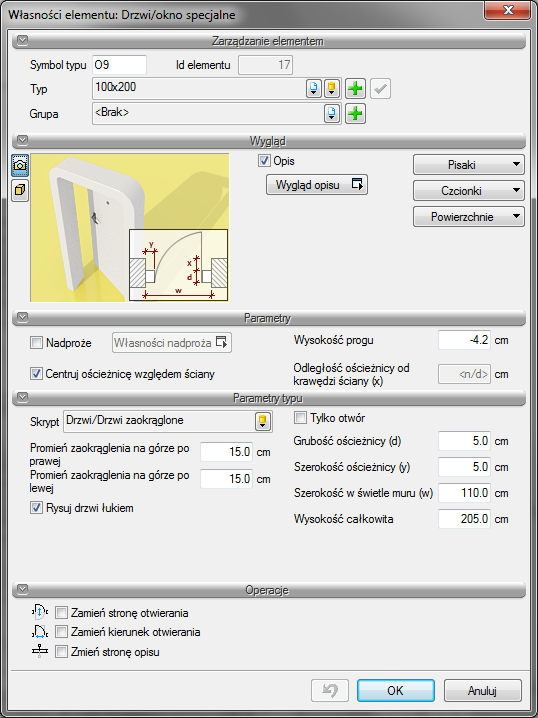 Stolarka okienna i drzwiowa 7.3 DRZWI I OKNA SPECJALNE 7.3.1 Wprowadzanie W programie ArCADia-ARCHITEKTURA występują okna i drzwi o kształcie prostokąta.