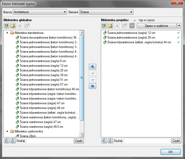 Podstawy działania programu Rys. 136 Lista elementów branży Architektura Po kliknięciu na wybrany element w Bibliotece globalnej będą dostępne wszystkie typy elementów.