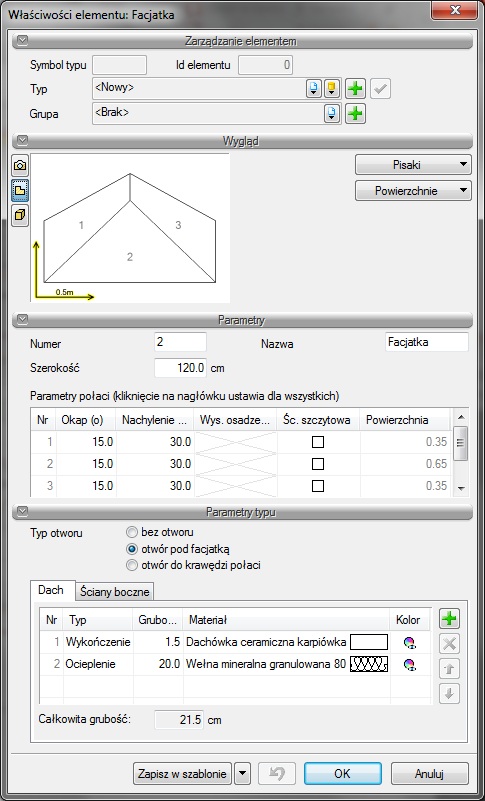 Dachy Program AutoCAD lub ArCADia-INTELLICAD: Pasek narzędziowy ArCADia-ARCHITEKTURA Wstaw facjatkę Po wywołaniu opcji pojawi się okno Facjatka. Rys.