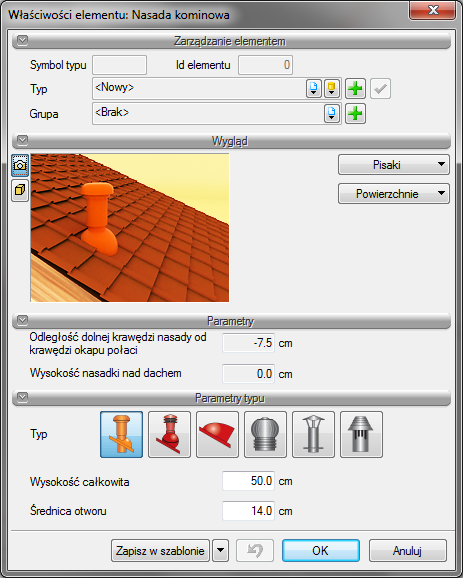 Dachy Rys. 296 Okno właściwości nasadki kominowej przed wstawieniem Opcje panelu Parametry dostępne są do zmian dopiero po wstawieniu nasadki na dach.
