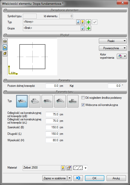 Fundamenty Po lub przed wstawieniu fundamentów w oknie dialogowym Właściwości obiektu: Stopa fundamentowa definiujemy podstawowe jej parametry: Rys.