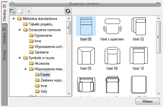 Obiekty 17.1. Eksplorator obiektów 2D i 3D Dla wzbogacenia projektu w płaskie symbole na rzucie kondygnacji lub trójwymiarowe elementy aranżacji wnętrz projektu program posiada bibliotekę obiektów.