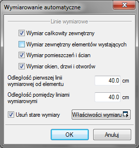 Narzędzia projektu Rys. 326 Efekt wymiarowania zaznaczonej ściany 18.1.4. Automatyczne wymiarowanie rysunku Drugim wymiarowaniem obiektowym jest opcja Wymiaruj cały rysunek.