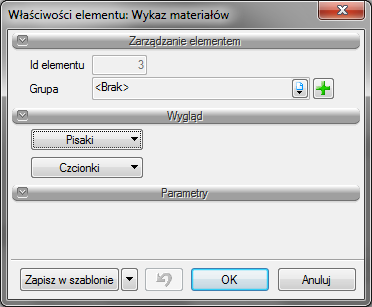 Narzędzia projektu Tab. 39. Narzędzia modyfikacji wykazu materiałów Właściwości Malarz czcionek i pisaków Usuń zaznaczone elementy Pisaki Czcionki Otwiera okno Właściwości.