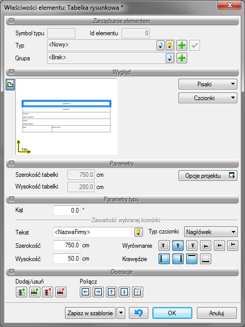 Narzędzia projektu Po wywołaniu opcji można wprowadzić domyślną tabelę, wybrać inną z biblioteki lub wejść w okno Właściwości elementu: Tabelka rysunkowa. Rys.