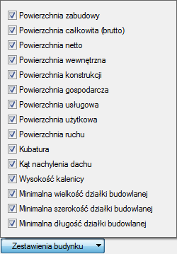 Narzędzia projektu Rys. 367 Okno właściwości pomieszczenia z domyślną listą funkcji programu Zestawienia budynku lista dostępnych danych zliczanych dla aktywnego budynku.