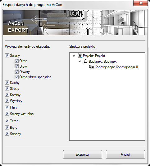 Współpraca z innymi programami Elementy konstrukcyjne programu ArCon takie jak: ściany, okna, drzwi, kominy i słupy, są automatycznie przejmowane jako elementy ArCADii i można im nadać odpowiednie
