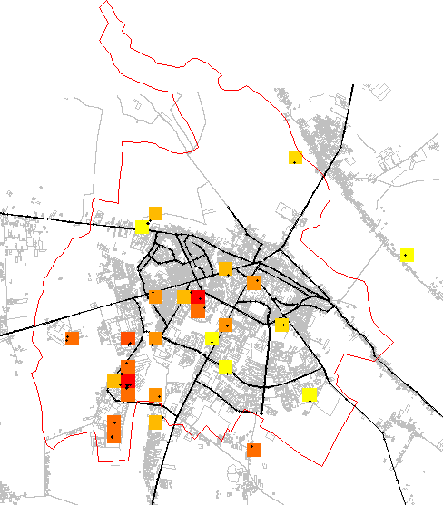 Rysunek 11. Przestrzenny rozkład emisji pyłu PM10 ze źródeł punktowych na obszarze miasta Łomży w 2005 r.