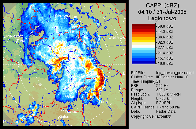 CAPPI i PCAPPI (Constant Altitude PPI) PPI na stałej wysokości Generuje obraz zdefiniowanej przez użytkownika warstwy, powyżej średniego poziomu morza.