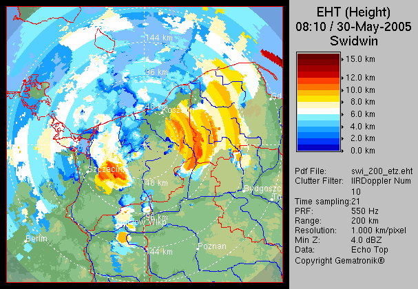 EHT (Echo Top) Wysokość wierzchołków echa Pokazuje najwyższą wysokość, na