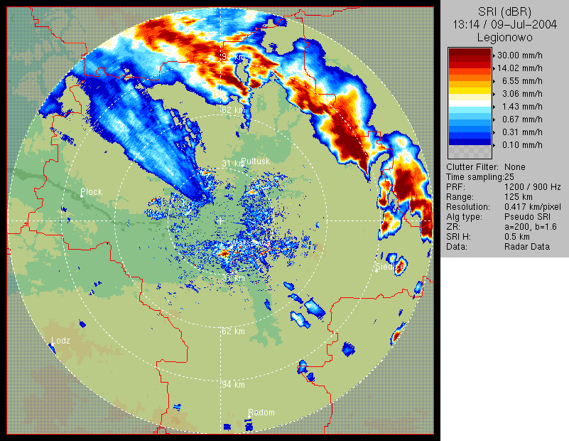 SRI (Surface Rainfall Intensity) atężenie opadu Zależność między odbiciowością (Z) radarową, a