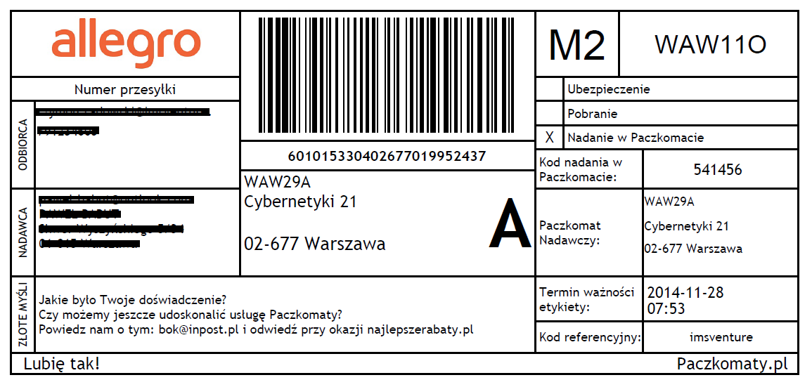 18. Przykład wygenerowanej etykiety nadawczej.