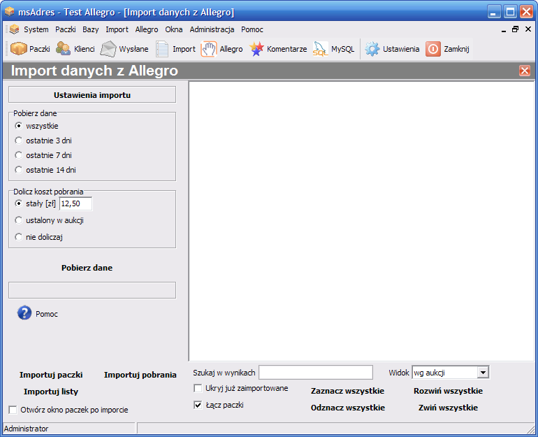 Import danych z Allegro Menu Allegro->Import danych Pobranie danych z platformy aukcyjnej Allegro.
