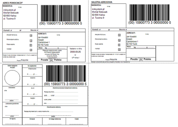 Wydruki - Paczka pocztowa Przykładowy wydruk dla paczki Pełny wydruk składa się z trzech elementów, przycisk Naklejki + Adresy Możliwe jest uzyskanie tego druku w dwóch częściach. 1.