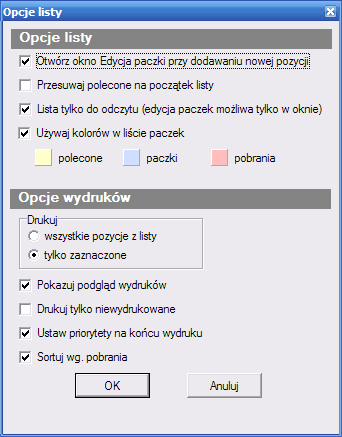 Opcje listy Otwórz okno Edycja paczki przy dodawaniu nowej pozycji Zaznaczenie spowoduje otwieranie okna Edycja paczki przy dodawaniu nowej przesyłki w przeciwnym przypadku dane trzeba wprowadzać w