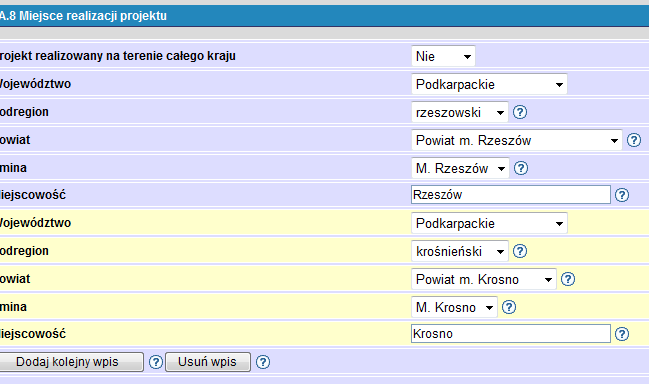 W formularzu wniosku są sekcje, które umożliwiają kilkukrotne wprowadzenie danych tego samego typu, o ile zaistnieje taka potrzeba. W sekcji znajduje się przycisk Dodaj kolejny wpis.