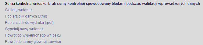 Po poprawnym i kompletnym wypełnieniu całego formularza wniosku należy wybrać przycisk Wygeneruj wniosek. Jeśli wybierzemy tą opcję pojawi się strona zawierająca m.in.