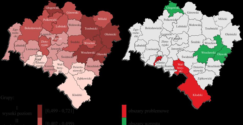 postępującym starzeniu się mieszkańców Obszary wzrostu obejmują powiaty: wrocławski i oławski oraz głogowski Mocną stroną tych powiatów (potencjałami rozwojowymi w sferze uwarunkowań demograficznych)