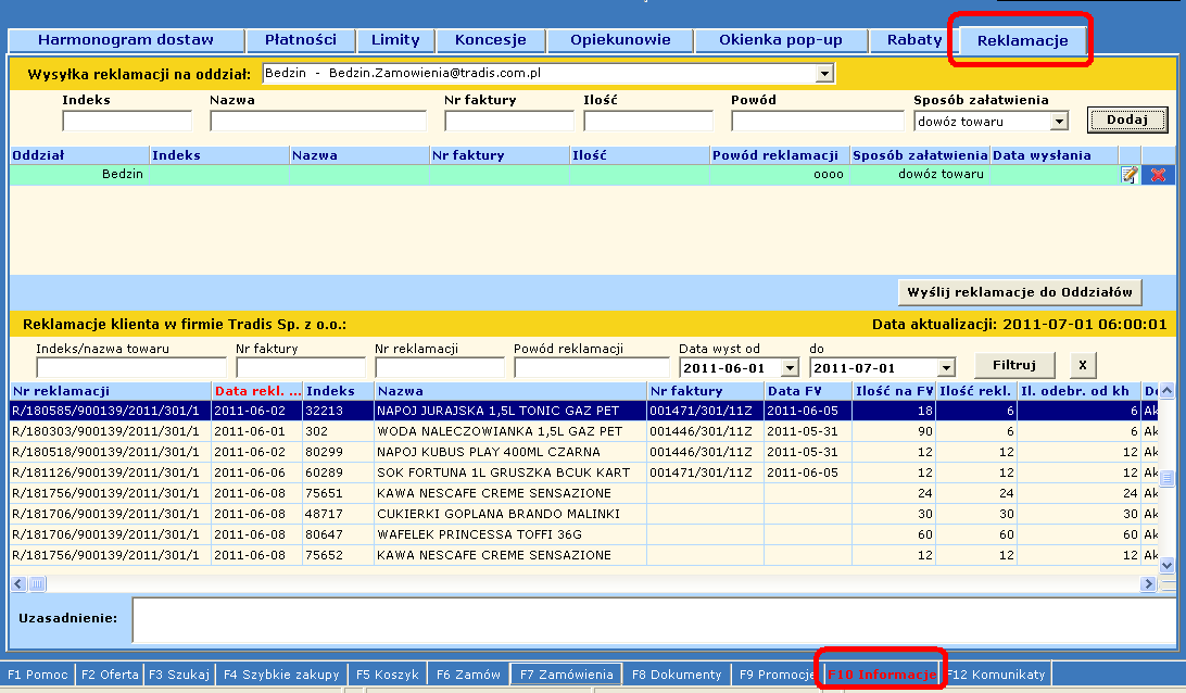 2 Reklamacje Offline Reklamacje w ehurtowni Offline znajdują się w zakładce F10 Informacje Reklamacje Rys.