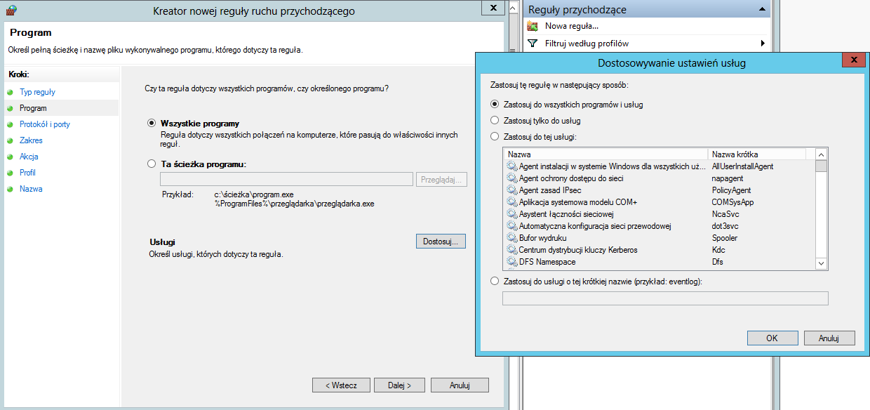 Jeżeli będziemy tworzyć regułę dla Programu to tylko wskazany przez nas program (lub pakiet programów) będzie mógł korzystać z utworzonej reguły.
