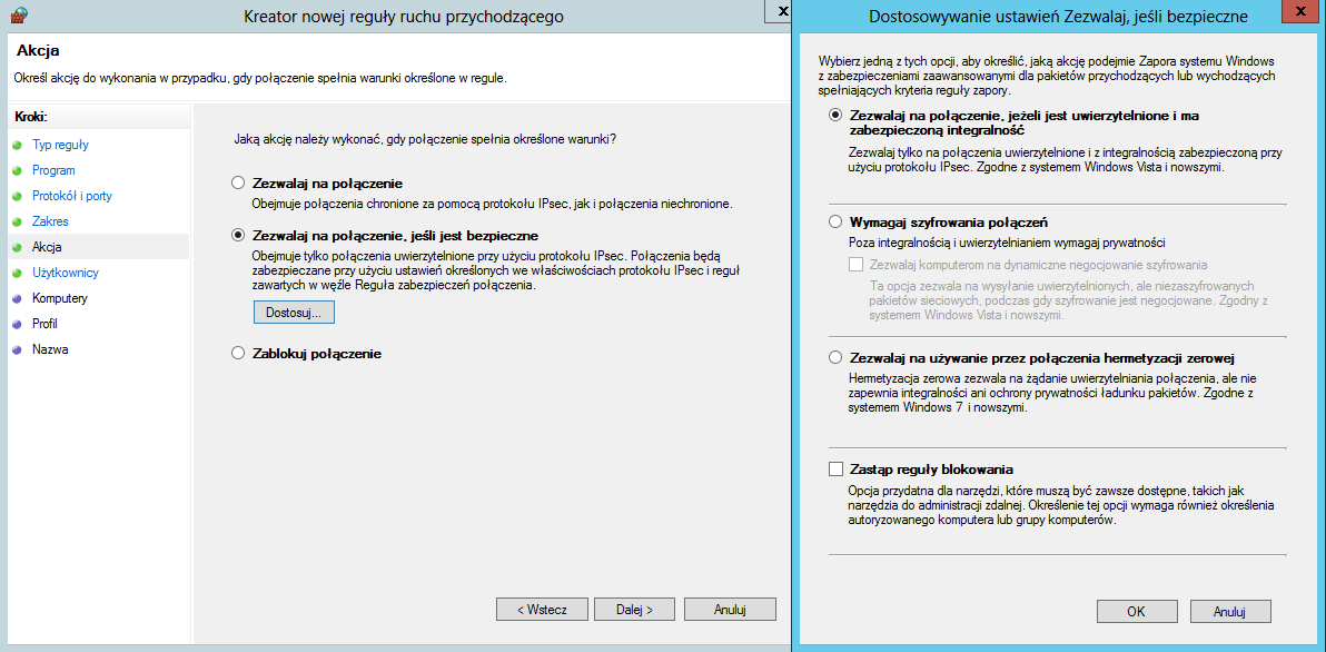 z reguły (domyślnie mogą korzystać wszystkie adresy). Dodatkowo można ograniczyć regułę tylko do konkretnego interfejsu sieciowego (przycisk Dostosuj). W Akcji wybieramy co dana reguła ma powodować.