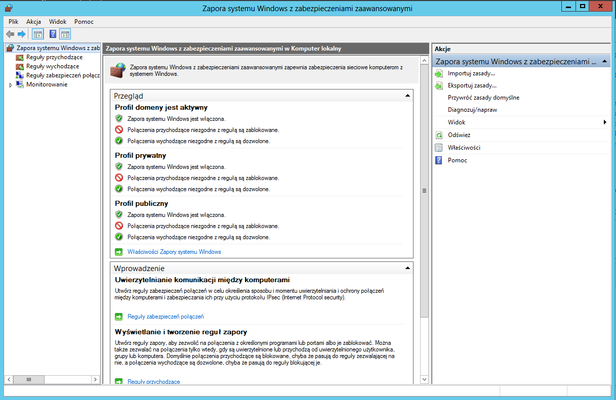 Po prawej stronie mamy możliwe akcje: - Importuj zasady.../eksportuj zasady... - funkcja pozwala na wyeksportowanie bieżących zasad zapory do pliku.