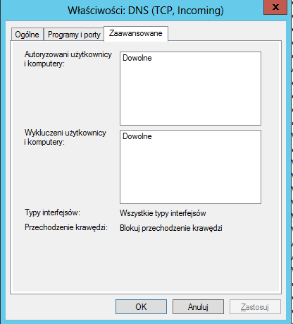 Zakładka Zaawansowane zawiera informacje o Autoryzowanych użytkownikach i komputerach (w powyższym przypadku nie ma znaczenia ani użytkownik, ani komputer, który będzie obsługiwany przez regułę może