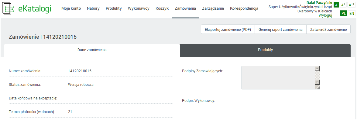 Proces zamówienia (2) 1 Przygotowanie zamówienia 2 Zatwierdzenie 3 Podpisanie 4 Złożenie zamówienia Wykonawca 5a-Zaakceptowanie 6-Wysłanie 7