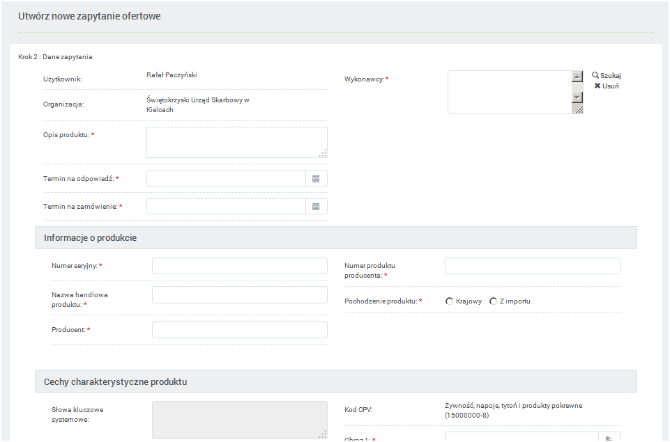 1 - Utworzenie nowego zapytania ofertowego 2 - Wybór rodzaju zapytania Zapytanie ofertowe (2) szablon karty