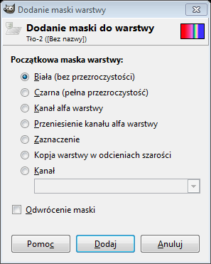 Pojawi się następujące okno, jak na rysunku 29. Biała oznacza brak przezroczystości czyli wszystko z warstwy, do której dodajemy maskę, będzie widoczne.