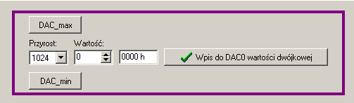 2.3. Przetwarzanie cyfrowo analogowe (3) Za pomocą elementów z ramki: wpisywad do DAC0 wartości, podane w poniższej tabelce. Zapisywad wartości napięcia wyjściowego.