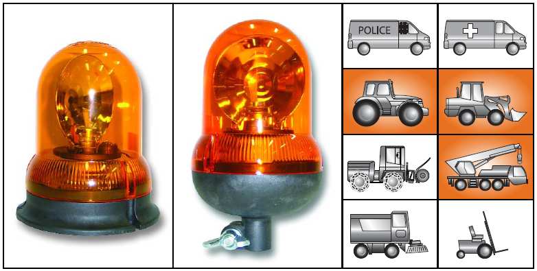 Pomarańczowe o podstawie z polipropylenu wzmacnianej włóknem szklanym Lampa z podstawą płaską do montaŝu na dachu nr ref. 90993 Lampa z podstawą elastyczną do montaŝu na gnieździe nr ref.