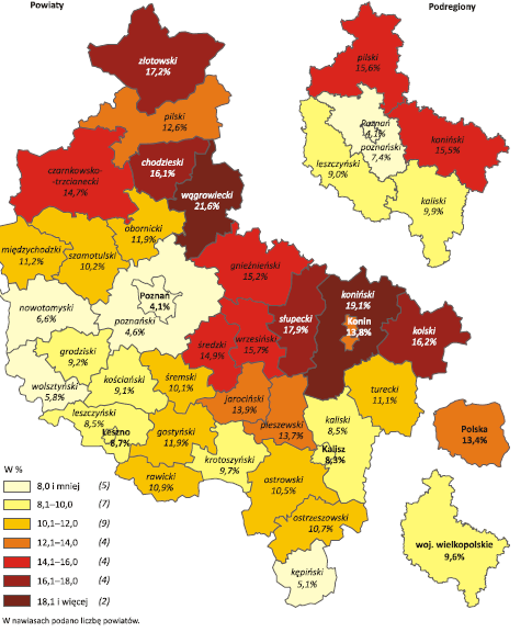 STOPA BEZROBOCIA REJESTROWANEGO WEDŁUG POWIATÓW I PODREGIONÓW (stan 31.12.2013 r.) Natężenie bezrobocia nie było jednakowe w całym województwie.