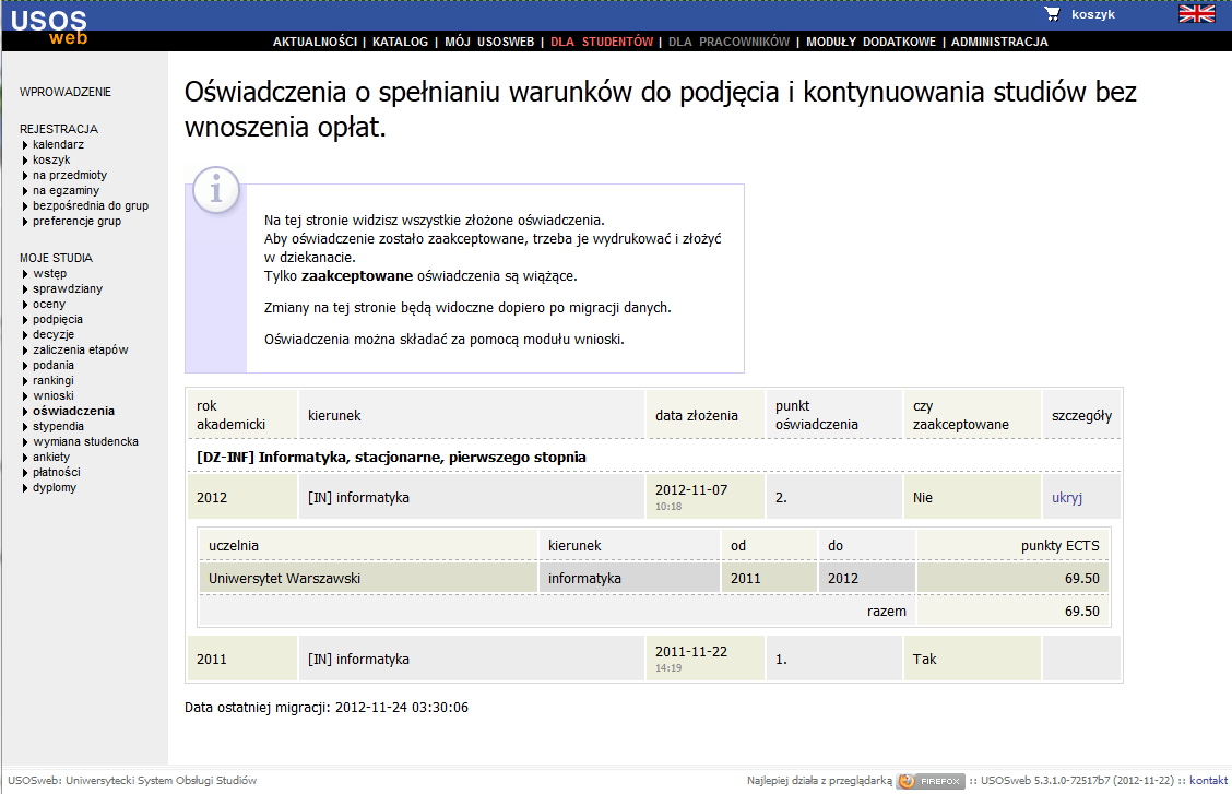 Rysunek 12 Złożone oświadczenia na stronie z oświadczeniami student 2 roku Rysunek 13 Złożone