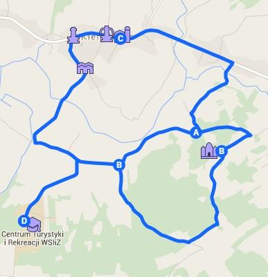 Propozycja 2-godzinnego szlaku pieszego Zdj. 1. Trasa 2-godzinnego szlaku pieszego z zaznaczonymi obiektami i legendą Źródło: Google Maps Moje Mapy OPCJA I. CTiR Klasztor oo.