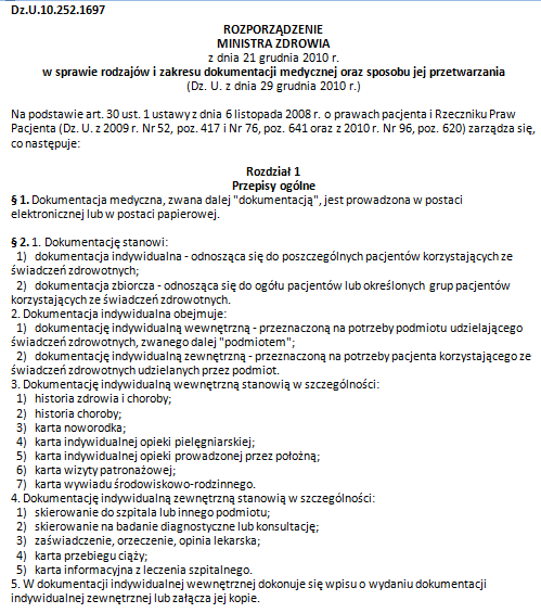 Historia choroby stanowi jeden z elementów indywidualnej wewnętrznej dokumentacji medycznej, która zgodnie z rozporządzeniem Ministra Zdrowia jest prowadzona w postaci elektronicznej lub w postaci